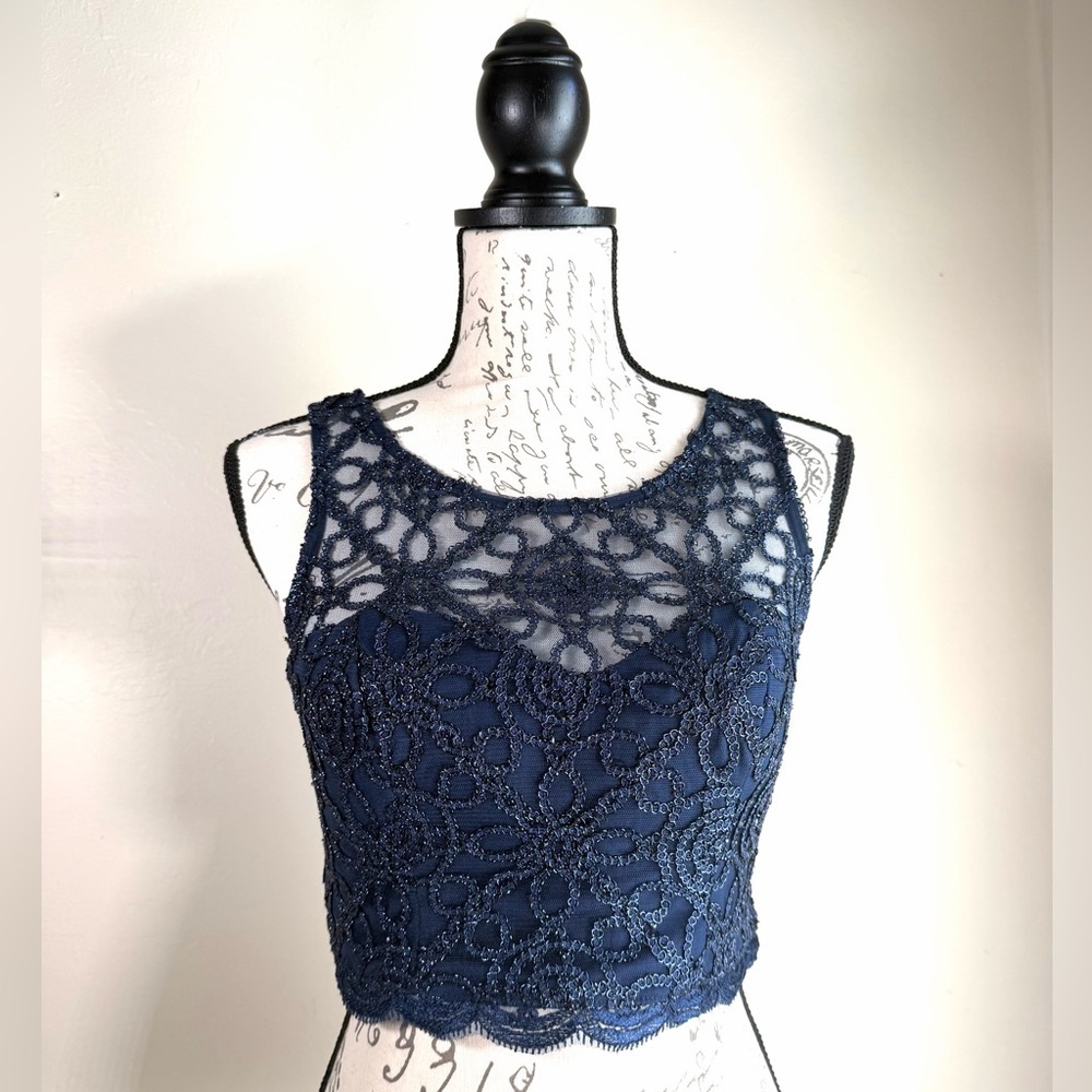 Sequin Hearts Navy Lace Beaded Crop Top
